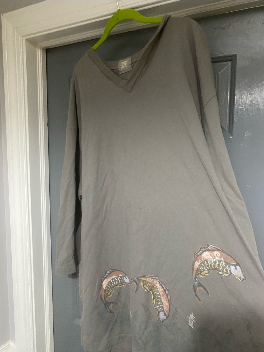 Blue Fish V-neck Long Sleeve Top with Koi Fish Print - Green